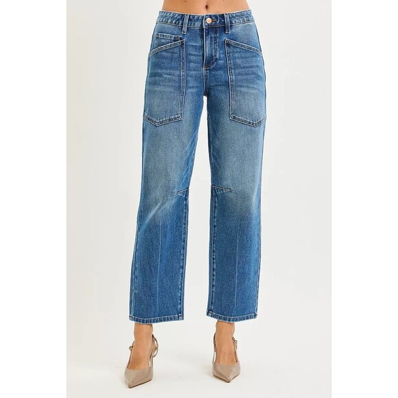 RISEN 4 Way Stretch Mid Rise Barrel Jeans with Patch Pocket Detail - Picture 1 of 6